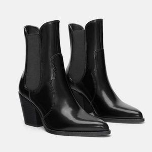 Zara Black Patent Pointed Toe Heeled Booties